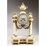 A VERY GOOD LOUIS XVITH WHITE MARBLE AND ORMOLU DRUM SHAPED MANTLE CLOCK with 4.5ins enamel dial,