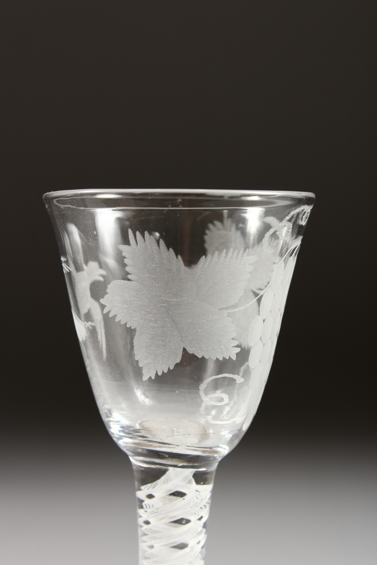 A GEORGIAN WINE GLASS, the bowl engraved with fruiting vines with white twist stem. 5.25ins high. - Image 5 of 7