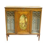 A GOOD EDWARDIAN SATINWOOD CHINA CABINET, the top painted with an oval of cupids, the front with a