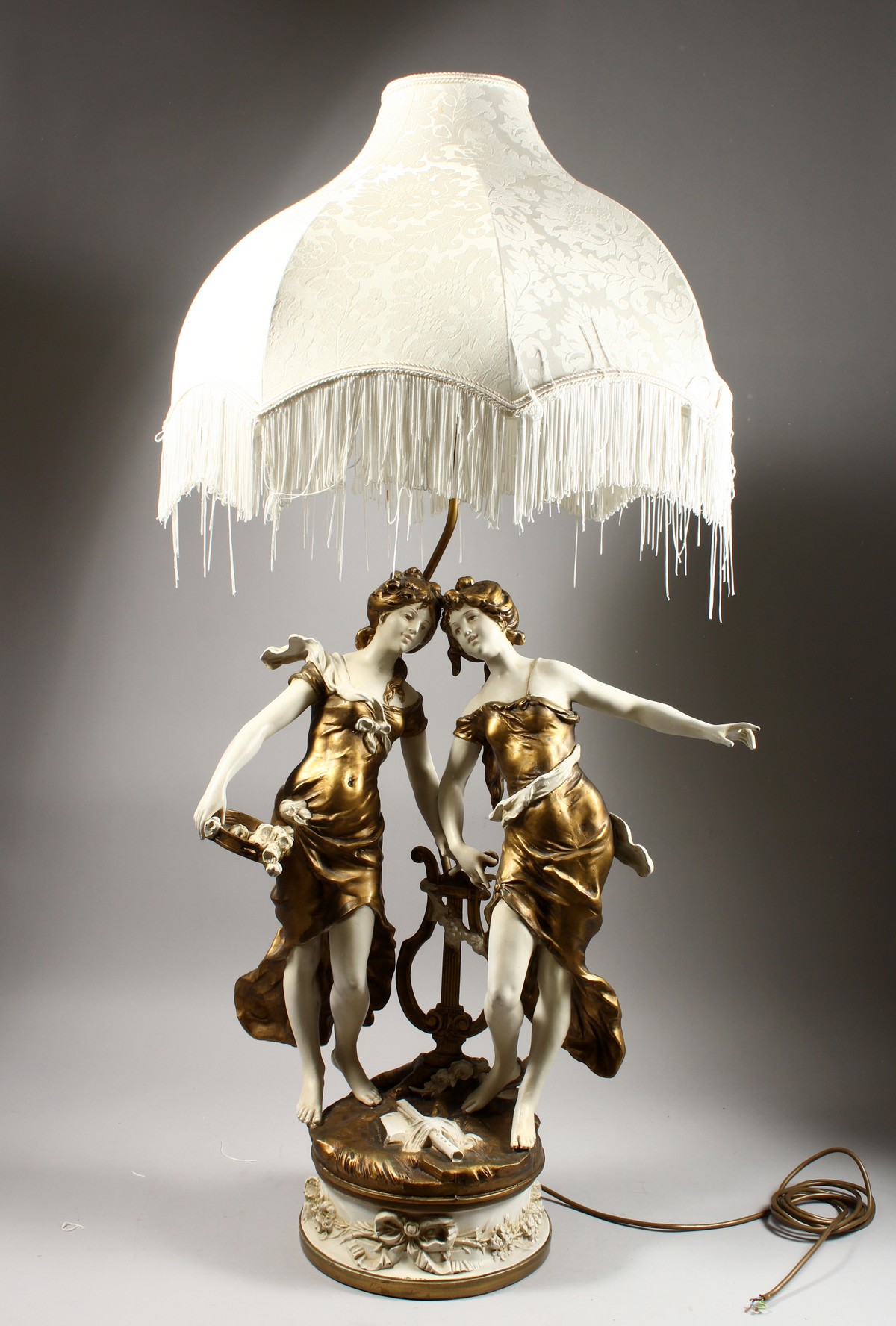 AN ORNATE ART NOUVEAU STYLE PAINTED CAST METAL TABLE LAMP, modelled as two young ladies standing - Image 2 of 3