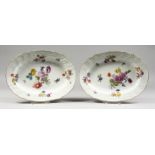 A GOOD LARGE PAIR OF 19TH CENTURY MEISSEN OVAL DISHES with raised decoration and gilt borders, the
