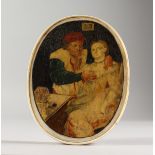 A GOOD 19TH CENTURY OVAL IVORY BOX, the cover with a man and a woman. 4.5ins x 3.5ins.