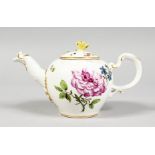A SMALL 18TH CENTURY VIENNA GLOBULAR TEAPOT AND COVER with rose handle and painted with flowers.