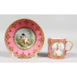 A GOOD 18TH CENTURY SEVRES PINK GROUND CUP AND SAUCER, the cup painted with three portraits of