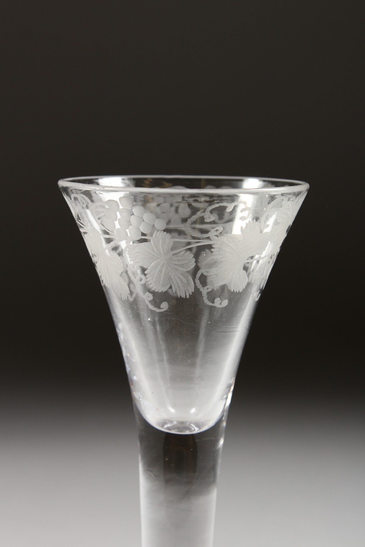 A GEORGIAN WINE GLASS with tapering bowl engraved with fruiting vines, plain stem. 6.5ins high. - Image 2 of 8