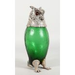 A SUPERB LARGE OWL CLARET JUG with plated head, glass eyes and plated claw feet. 11.5ins high.