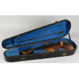 AN OLD VIOLIN CASE, violin and bow.