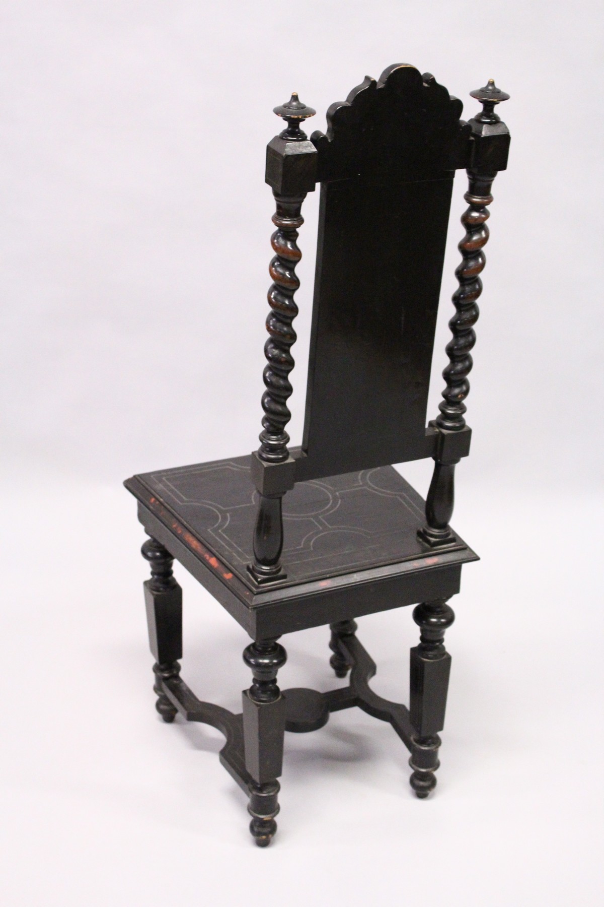A 19TH CENTURY ITALIAN EBONISED SIDE CHAIR, the back panel inlaid with a penwork decorated ivory - Image 4 of 4