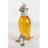 A SUPERB AMBER COLOURED GLASS COCKATOO CLARET JUG with plated head, glass eyes and plated feet.