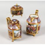 A GOOD THREE PIECE 19TH CENTURY VIENNA CABARET SET with rich gilt decoration and classical scenes.