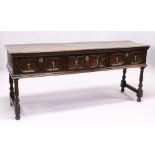 A GOOD 18TH CENTURY OAK DRESSER, with a twin plank top, three drawers each with a pair of