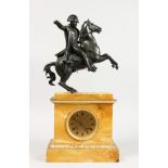 A VERY GOOD 19TH CENTURY FRENCH BRONZE AND MARBLE "NAPOLEON" CLOCK, the top with a figure of