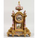 A SUPERB LOUIS XVITH ORMOLU AND SEVRES PORCELAIN MANTLE CLOCK with rich gilded ormolu and painted