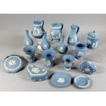 A COLLECTION OF SIXTEEN PIECES OF PALE BLUE AND WHITE JASPER WARE BOTTLES.