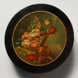 A GEORGIAN CIRCULAR BOX AND COVER, the lid painted with a still life. 3.25ins diameter.