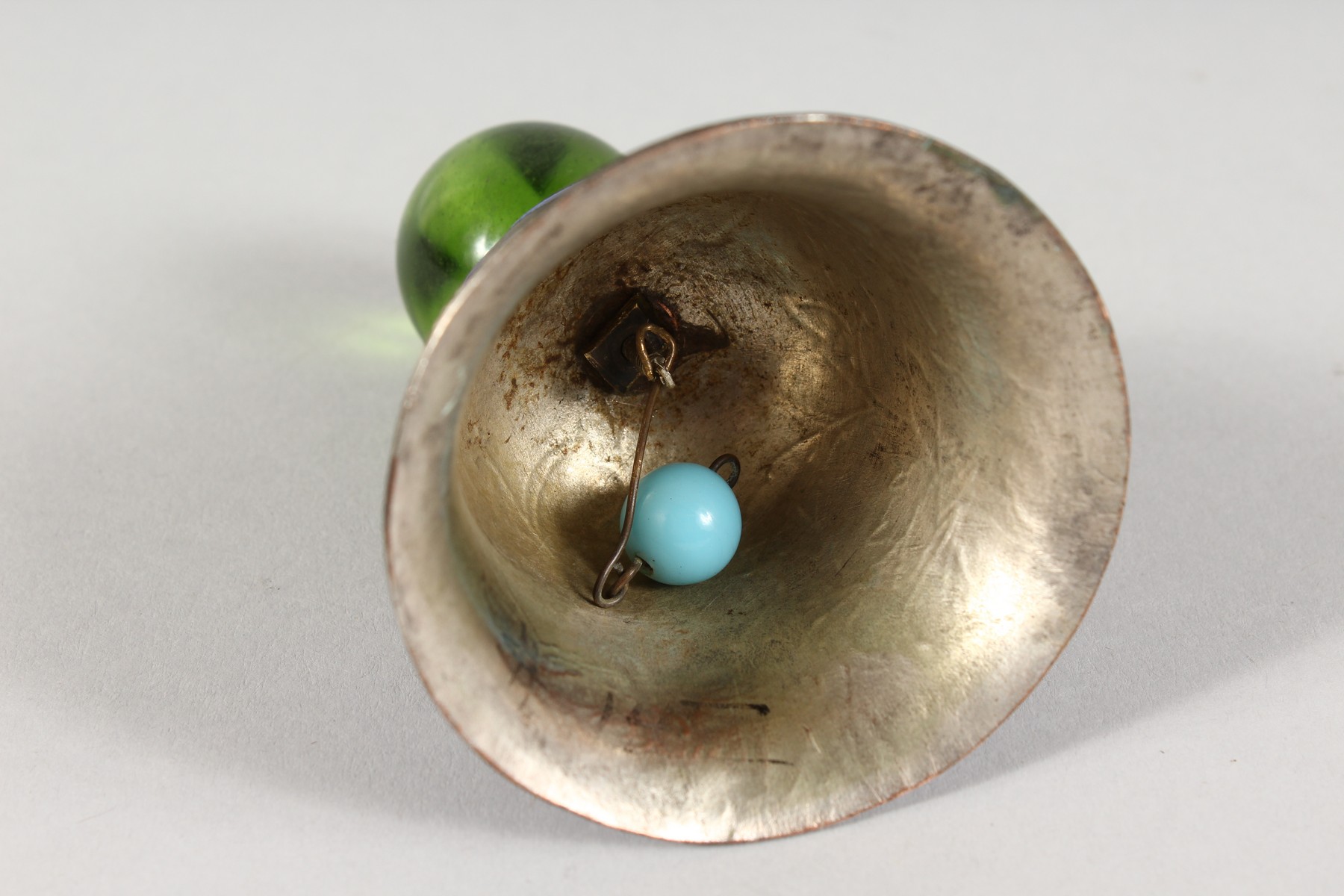 A SMALL WHITE METAL BLUE ENAMEL BELL. 3.5ins high. - Image 3 of 3
