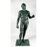 A LARGE GRAND TOUR STYLE BRONZE OF A CLASSICAL MALE, wearing a helmet, on a square base. 42ins