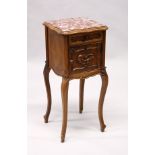 A 19TH CENTURY FRENCH MARBLE TOP WALNUT BEDSIDE CHEST, with a small drawer, cupboard door on