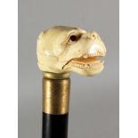 A WALKING STICK, the bone handle modelled as a dog's head. 36ins long.