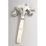 A SILVER AND MOTHER-OF-PEARL BABIES' RATTLE.