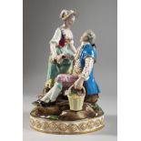 A GOOD MEISSEN PORCELAIN GROUP OF A GALLANT AND LADY, the gallant seated holding a basket of