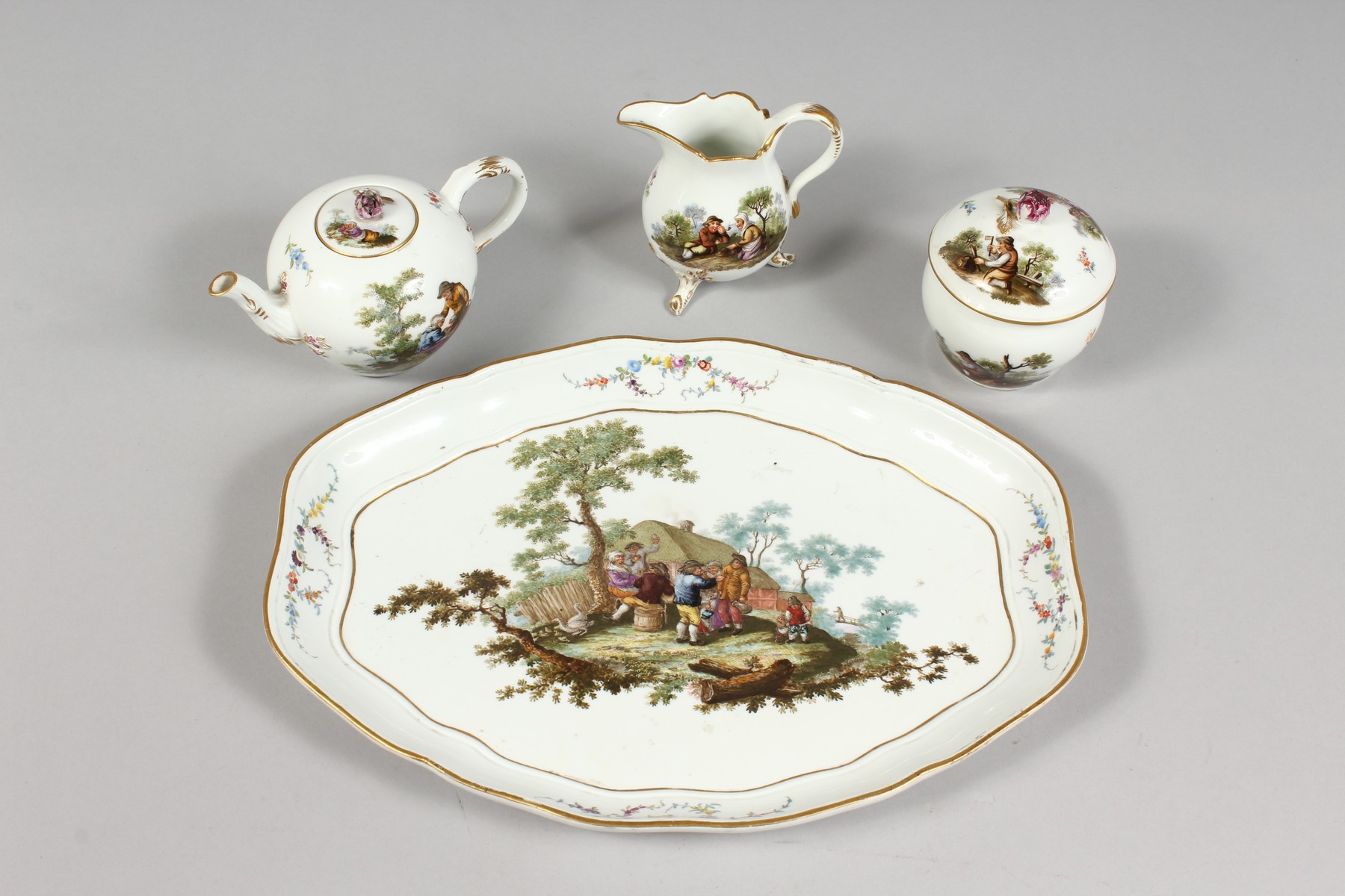 A SUPERB 18TH CENTURY MEISSEN PORCELAIN FOUR PIECE CABARET SET, with oval tray, teapot and cover, - Image 3 of 15
