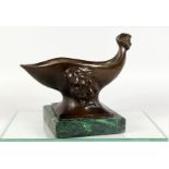 AN UNUSUAL BRONZE PEDESTAL DISH, with a male head terminal, cast male and female figures to the