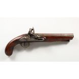 AN 18TH CENTURY TOWER PROOF FLINTLOCK PISTOL with walnut stock and brass finger holder. 15ins long.