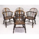 A SET OF FOUR 19TH CENTURY ASH AND ELM LOW BACK WINDSOR ARMCHAIRS. 2ft 11ins high x 1ft 9ins wide.
