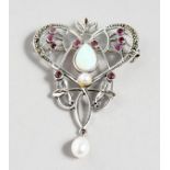 AN ART NOUVEAU DESIGN SILVER, OPAL AND RUBY PENDANT BROOCH.