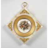 A SUPERB SQUARE PALAIS ROYAL PLAQUE, mother-of-pearl surround, the centre with flowers. 5.5ins.