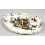 A SUPERB 18TH CENTURY MEISSEN PORCELAIN FOUR PIECE CABARET SET, with oval tray, teapot and cover,