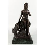 A CLASSICAL STYLE BRONZE GROUP of a semi-nude female figure, seated on a tethered goat, mounted on a