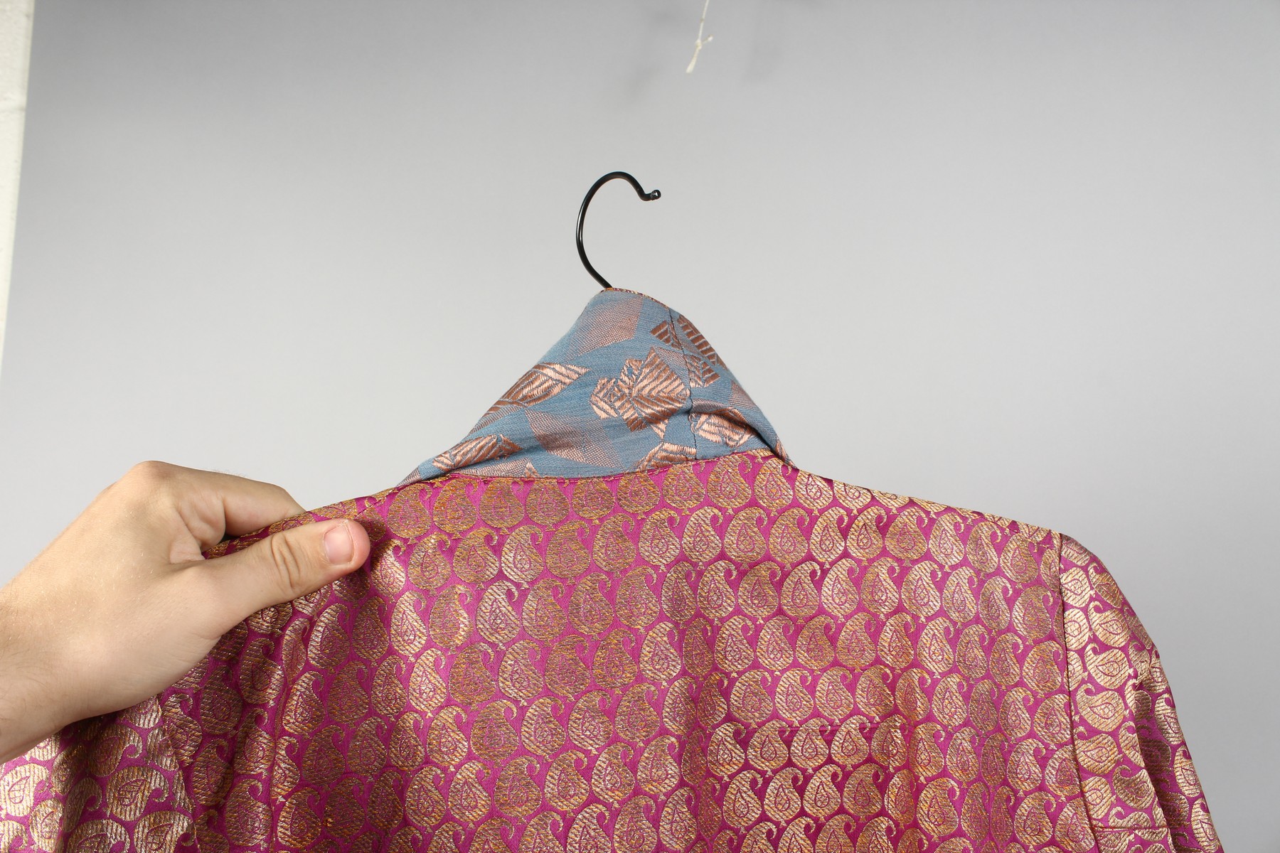 A GOOD INDIAN HOUSECOAT, purple ground with allover gilt thread Boteh design. 3ft 4ins. - Image 11 of 11