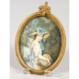 EARLY 19TH CENTURY FRENCH SCHOOL. Portrait miniature of a lady in a large hat carrying a basket of
