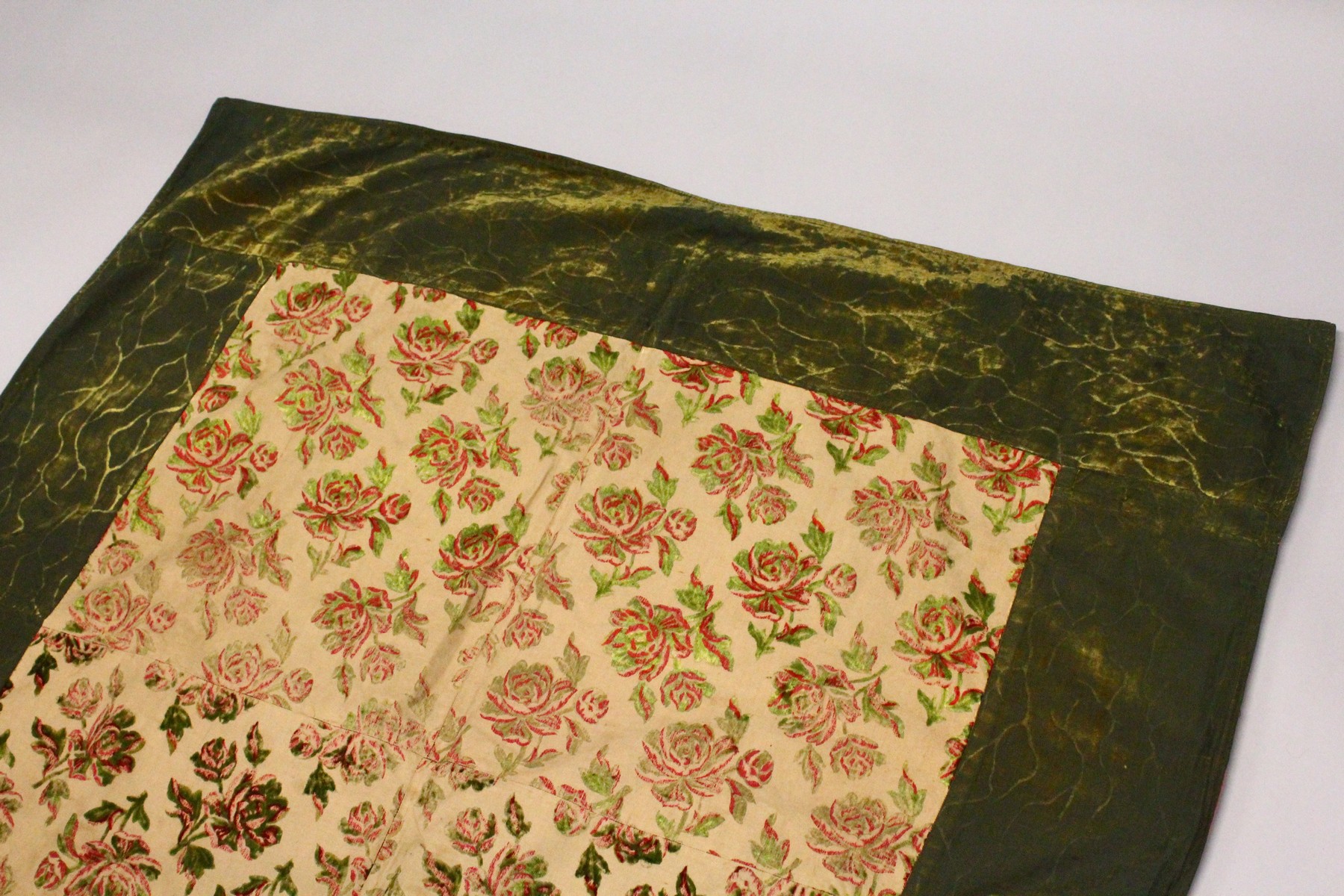 AN EARLY 20TH CENTURY SPANISH TEXTILE, cream ground, embroidered with velvet roses in green and red, - Image 4 of 13