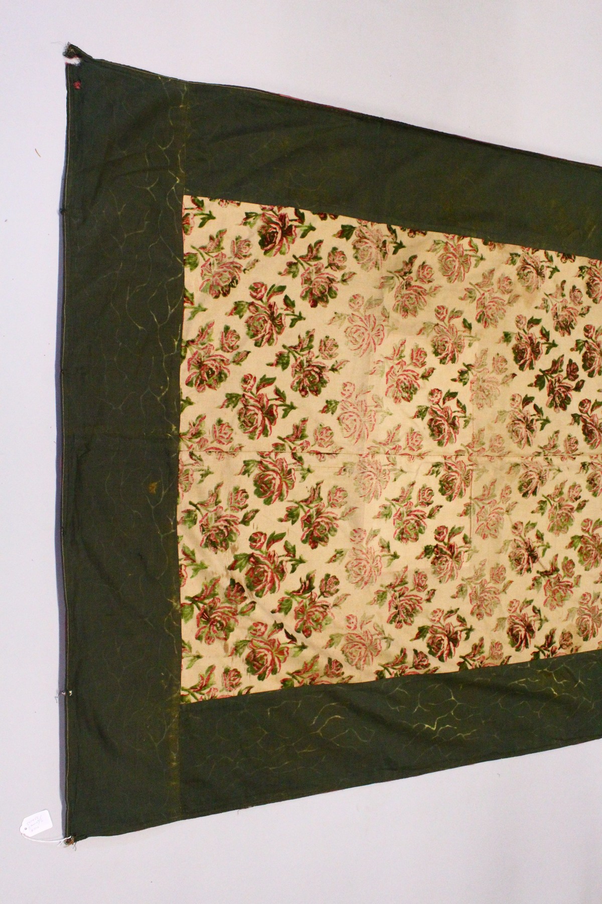 AN EARLY 20TH CENTURY SPANISH TEXTILE, cream ground, embroidered with velvet roses in green and red, - Image 2 of 13