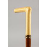 A VICTORIAN MALACCA WALKING STICK with ivory handle and lip. 32ins long.