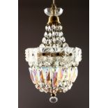 A BRASS AND CUT GLASS BAG CHANDELIER. 14ins high.