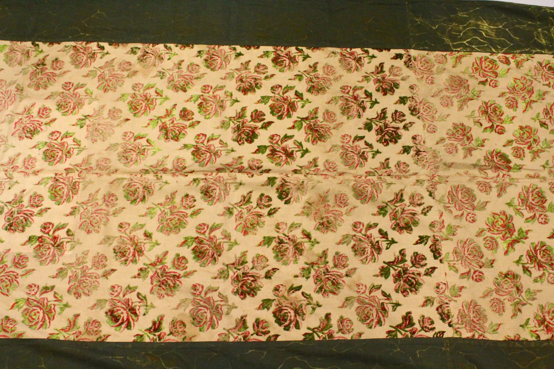 AN EARLY 20TH CENTURY SPANISH TEXTILE, cream ground, embroidered with velvet roses in green and red, - Image 6 of 13