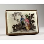 A FRENCH PORCELAIN BOX AND COVER, the lid with a gallant and lady. 3ins long.