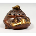 AN UNUSUAL BRONZE FROG SHAPE CENSER AND COVER. 6ins long.
