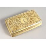 A VICTORIAN SILVER GILT SNUFF BOX engraved with scrolls, with crest. Birmingham 1840. Maker F. C.