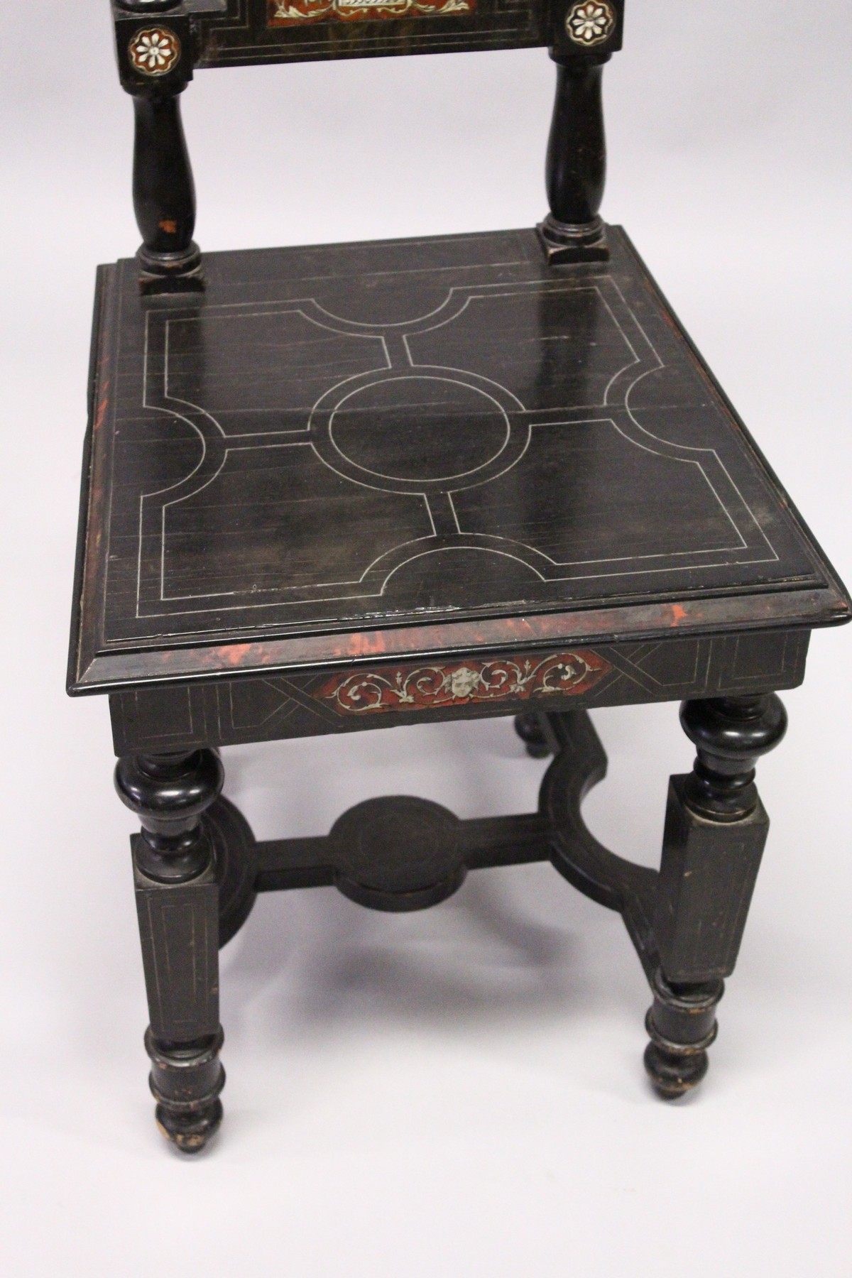 A 19TH CENTURY ITALIAN EBONISED SIDE CHAIR, the back panel inlaid with a penwork decorated ivory - Image 3 of 4