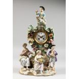 A SUPERB 19TH CENTURY MEISSEN PORCELAIN CLOCK encrusted with flowers and four figures and scrolls in