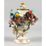 A GOOD 18TH CENTURY MEISSEN VASE AND COVER, applied with flowers, fruit and cupids and painted