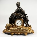 A GOOD 19TH CENTURY FRENCH BRONZE AND ORMOLU MANTLE CLOCK, the eight day movement signed MIROY FRES,
