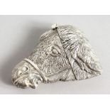 A SILVER PLATED DONKEY'S HEAD VESTA CASE.