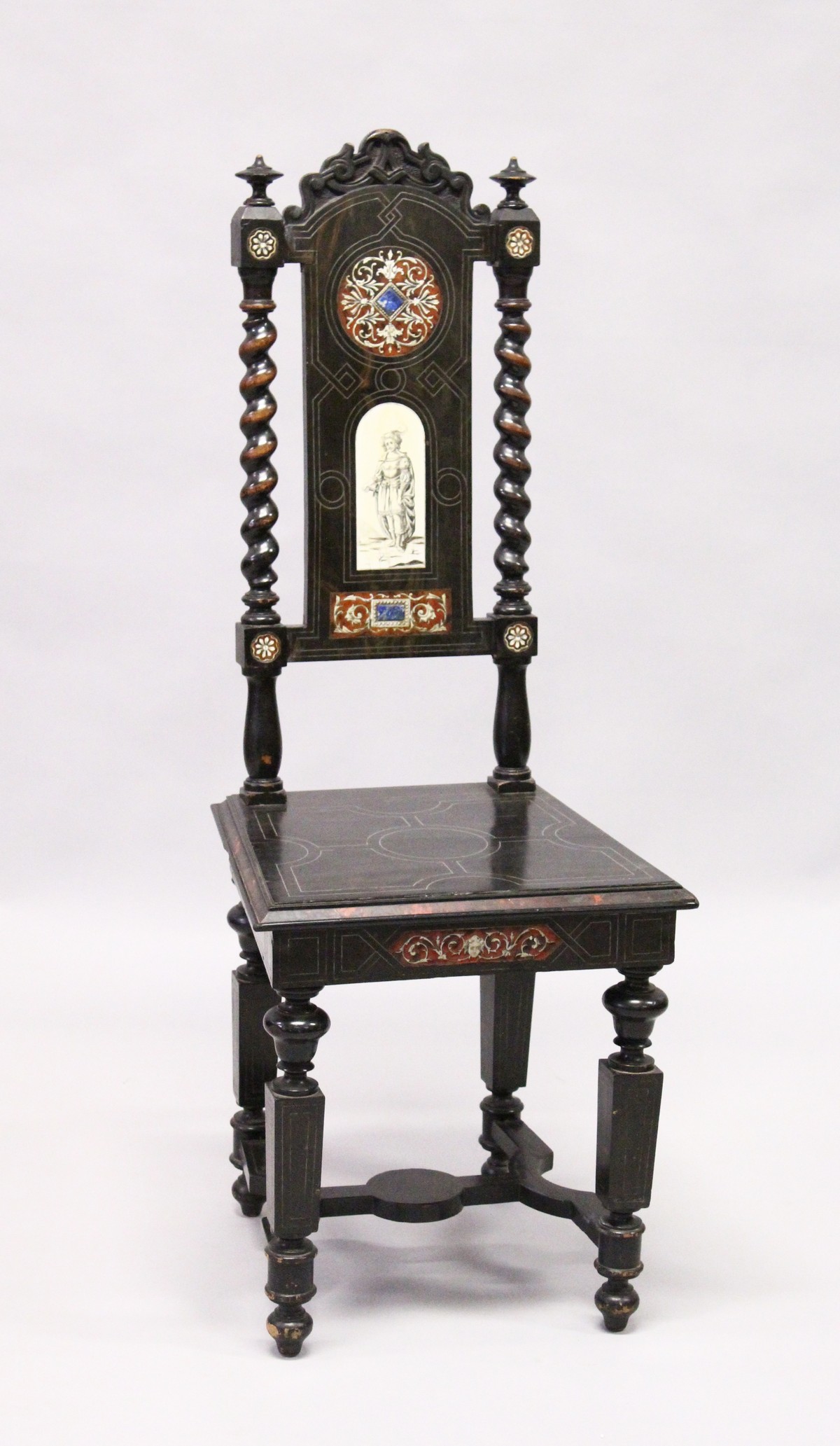 A 19TH CENTURY ITALIAN EBONISED SIDE CHAIR, the back panel inlaid with a penwork decorated ivory