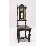 A 19TH CENTURY ITALIAN EBONISED SIDE CHAIR, the back panel inlaid with a penwork decorated ivory